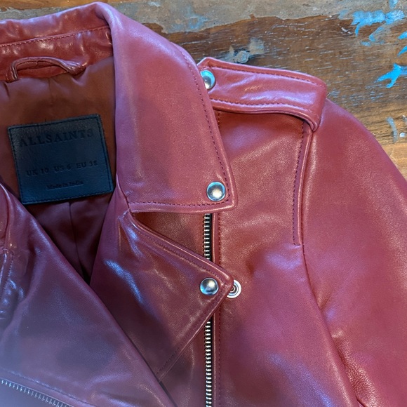 All Saints Dark-Cherry Leather Balfern Biker Jacket (size- US:6, EU:38, UK:10) - Picture 9 of 14